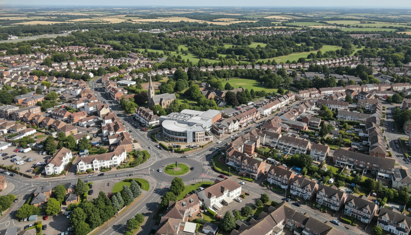 Ferndown, UK - aerial view showing the town center and local architecture