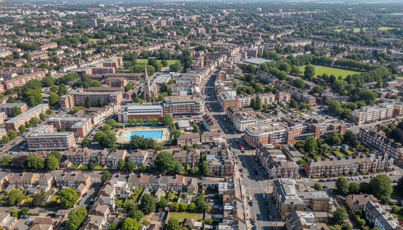 Finchley, UK - aerial view showing the town center and local architecture