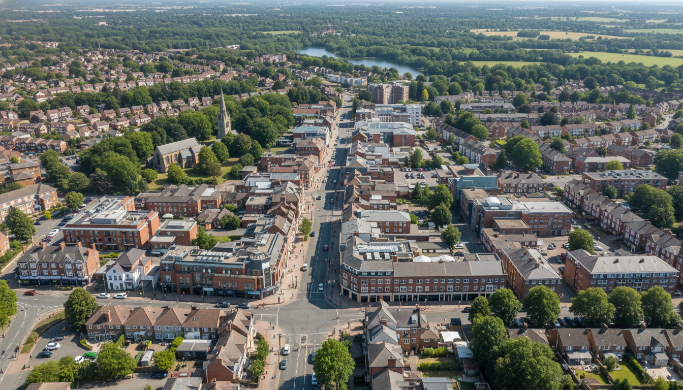 Fleet, UK - aerial view showing the town center and local architecture