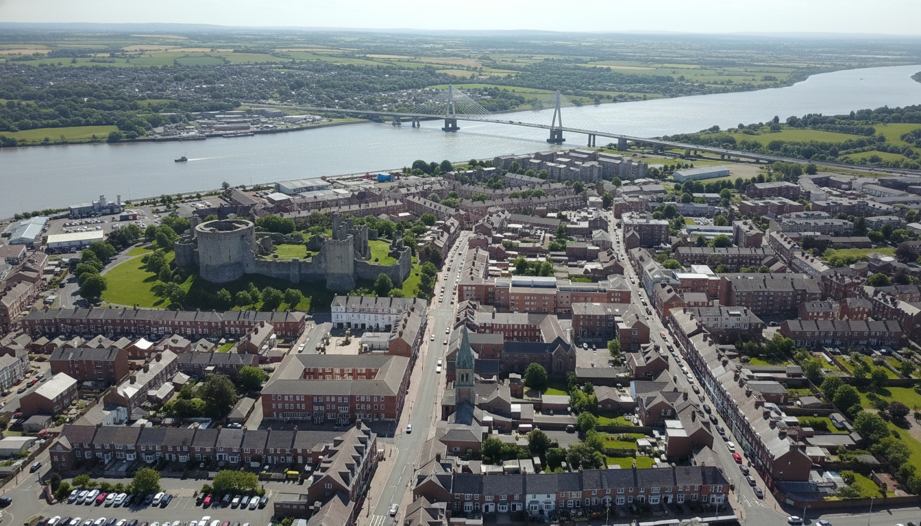 Flint, UK - aerial view showing the town center and local architecture