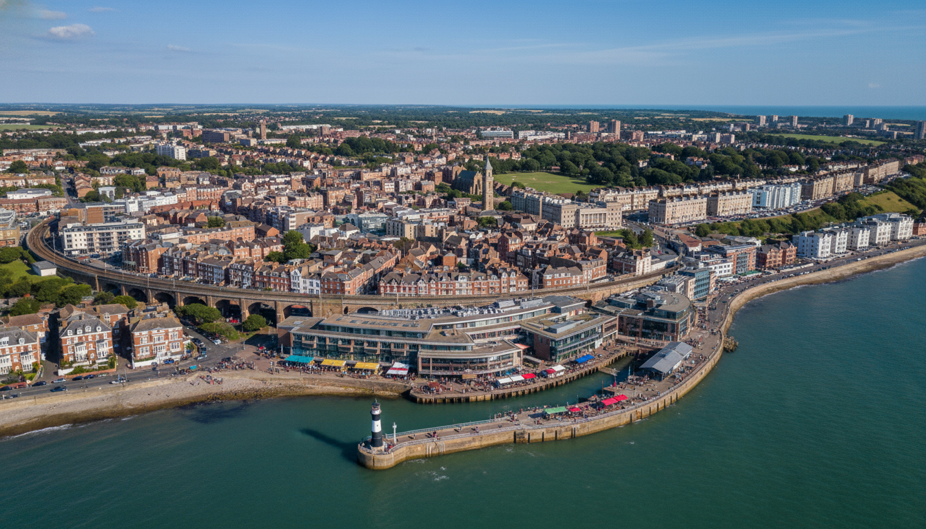 Folkestone, UK - aerial view showing the town center and local architecture