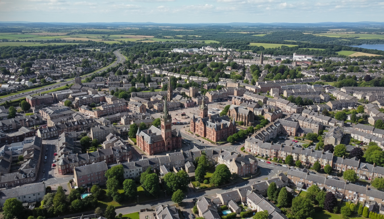 Forfar, UK - aerial view showing the town center and local architecture