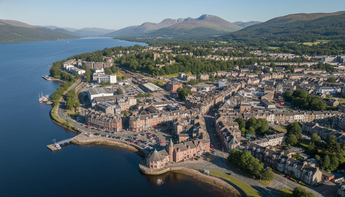 Fort William, UK - aerial view showing the town center and local architecture