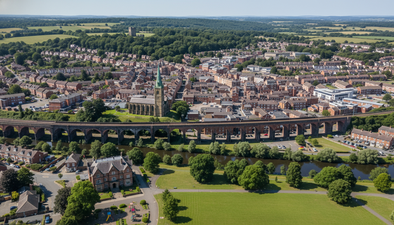 Frodsham, UK - aerial view showing the town center and local architecture