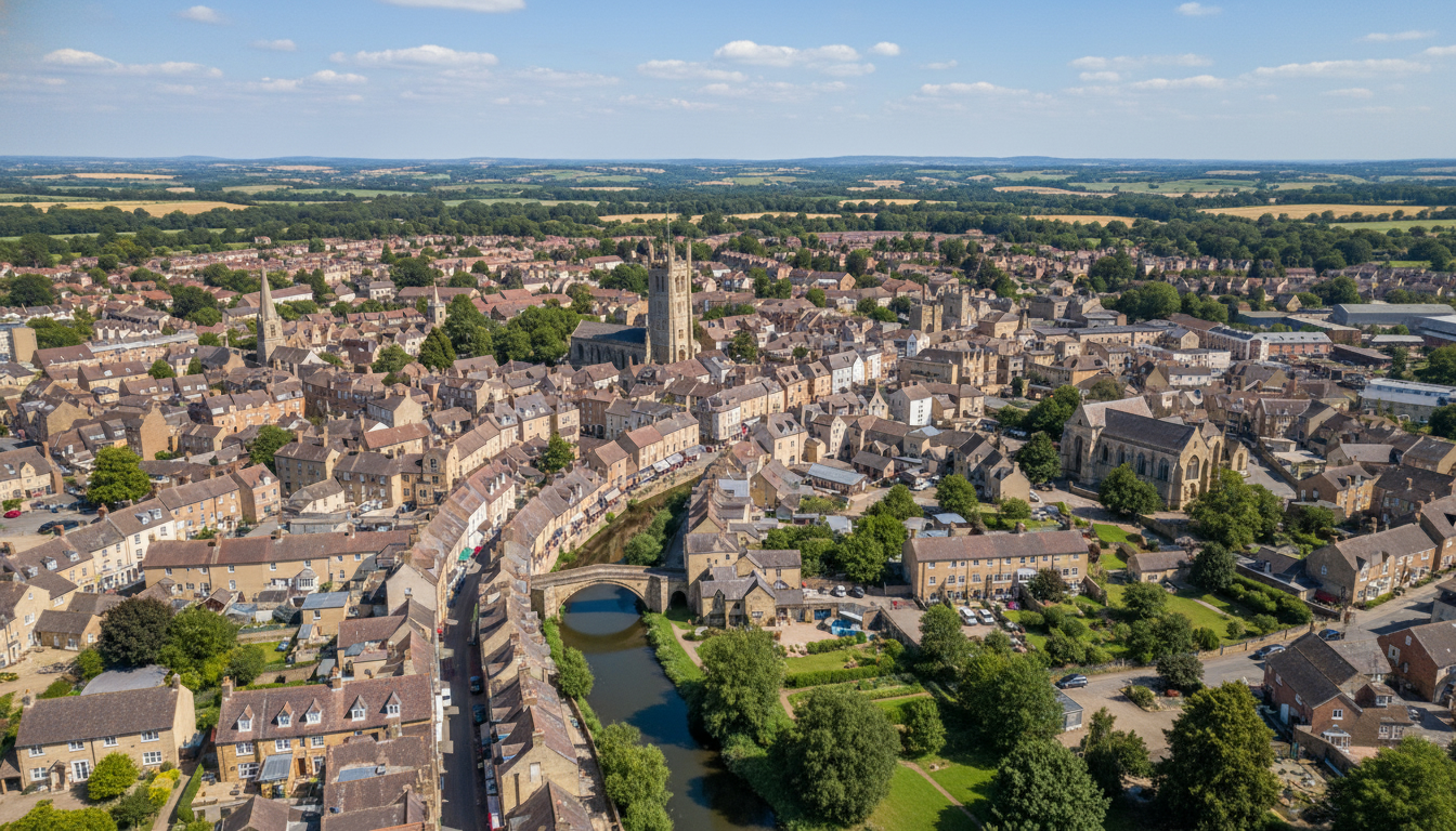 Frome, UK - aerial view showing the town center and local architecture