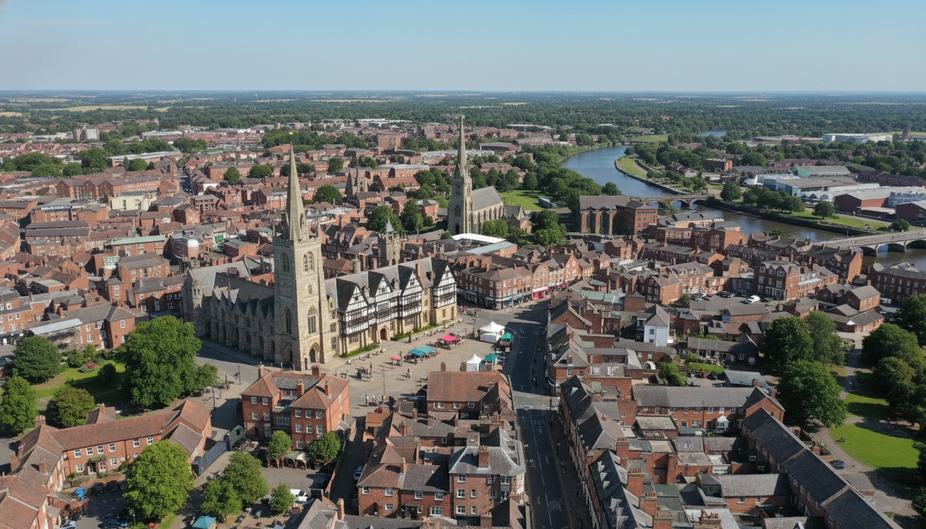 Gainsborough, UK - aerial view showing the town center and local architecture