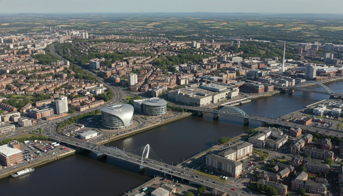 Gateshead, UK - aerial view showing the town center and local architecture