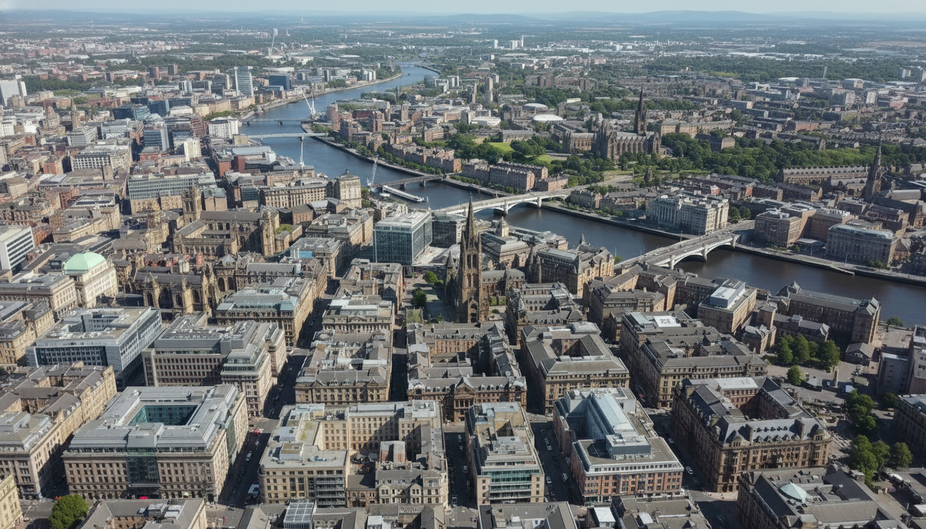 Glasgow, UK - aerial view showing the town center and local architecture