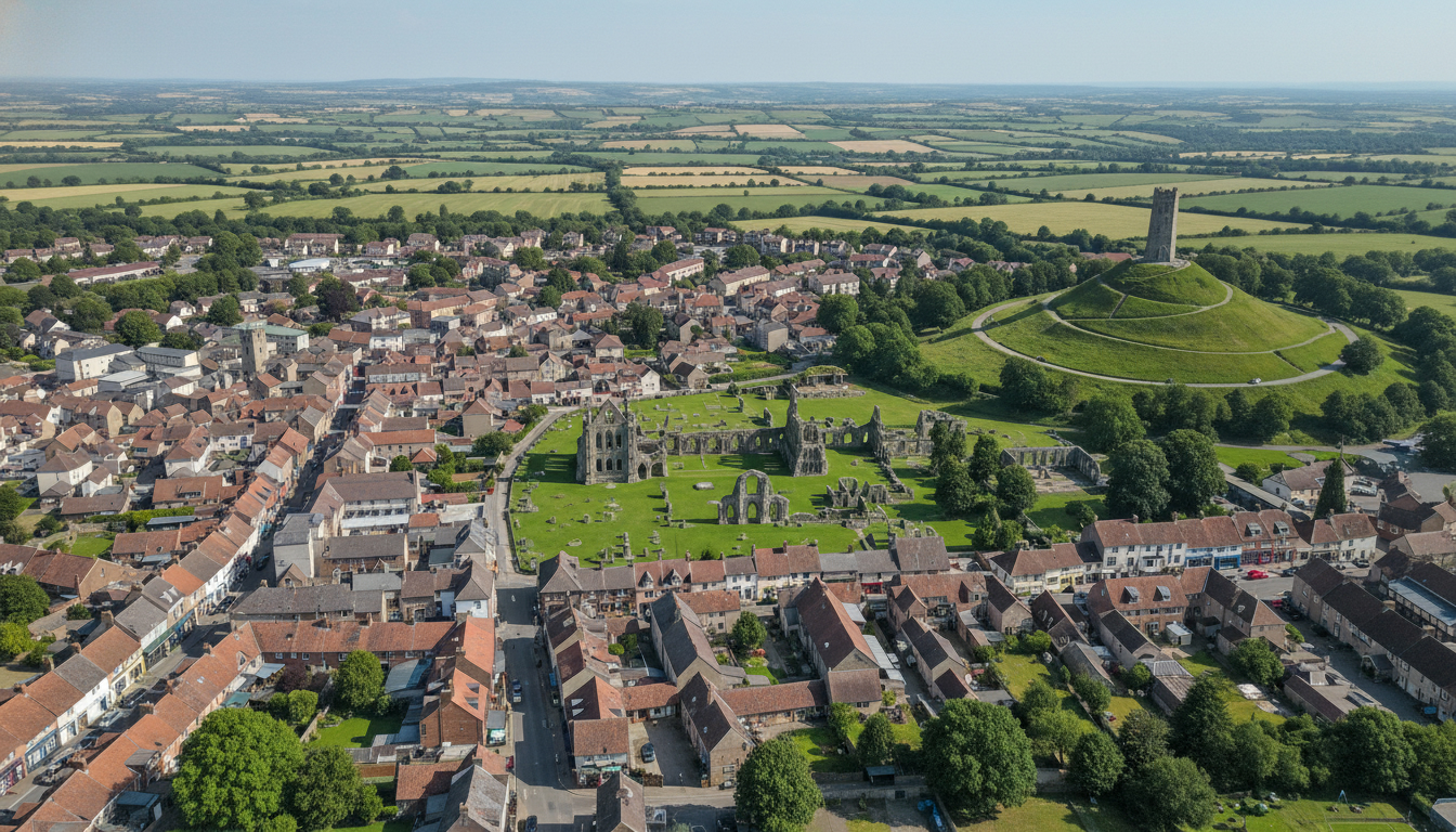 Glastonbury, UK - aerial view showing the town center and local architecture