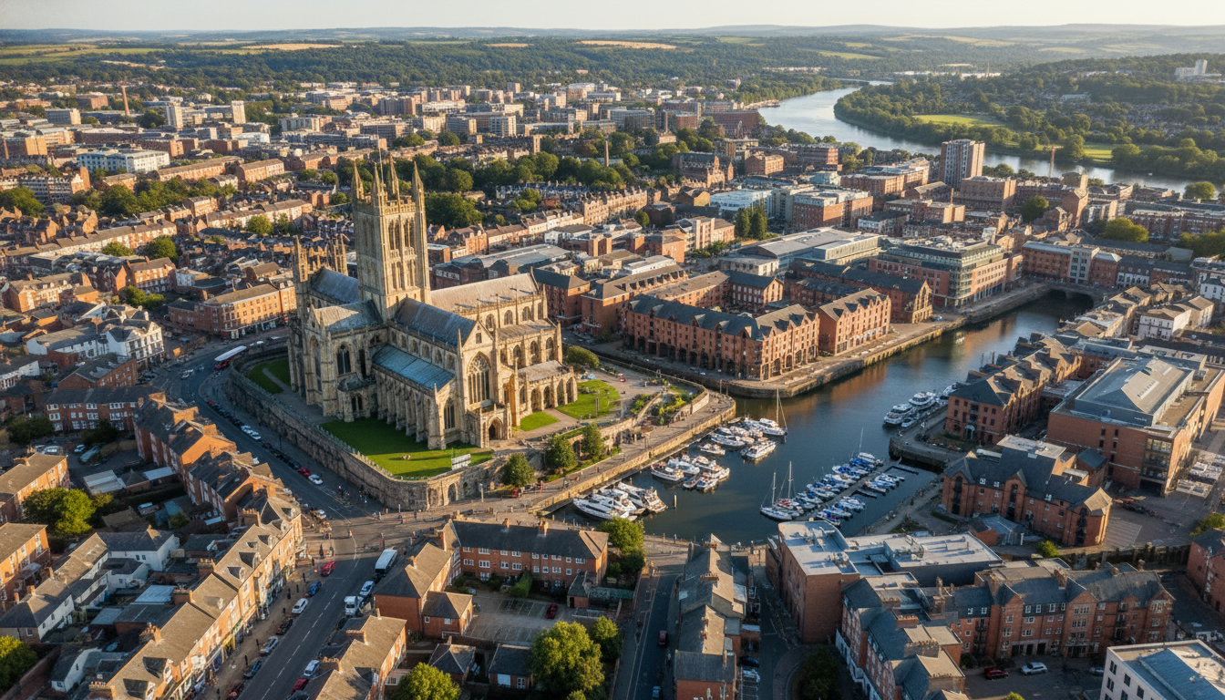 Gloucester, UK - aerial view showing the town center and local architecture