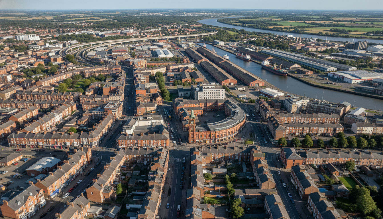 Goole, UK - aerial view showing the town center and local architecture
