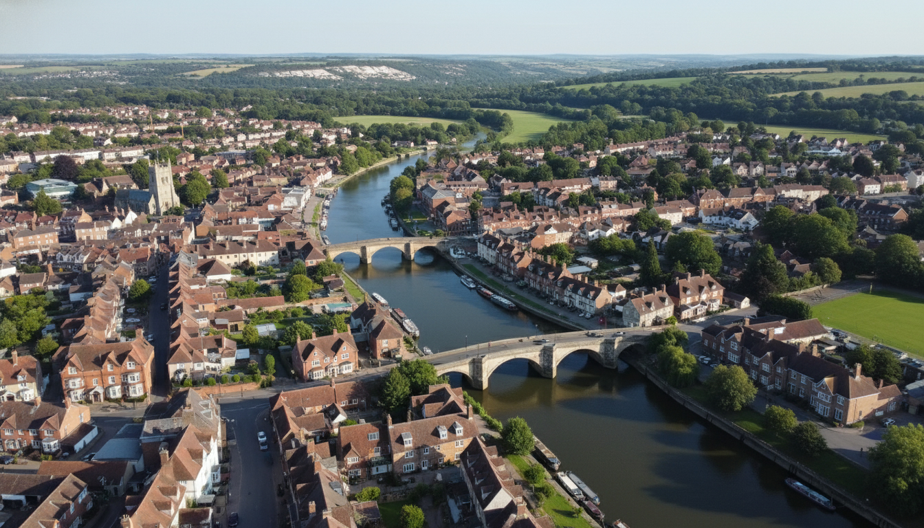 Goring, UK - aerial view showing the town center and local architecture