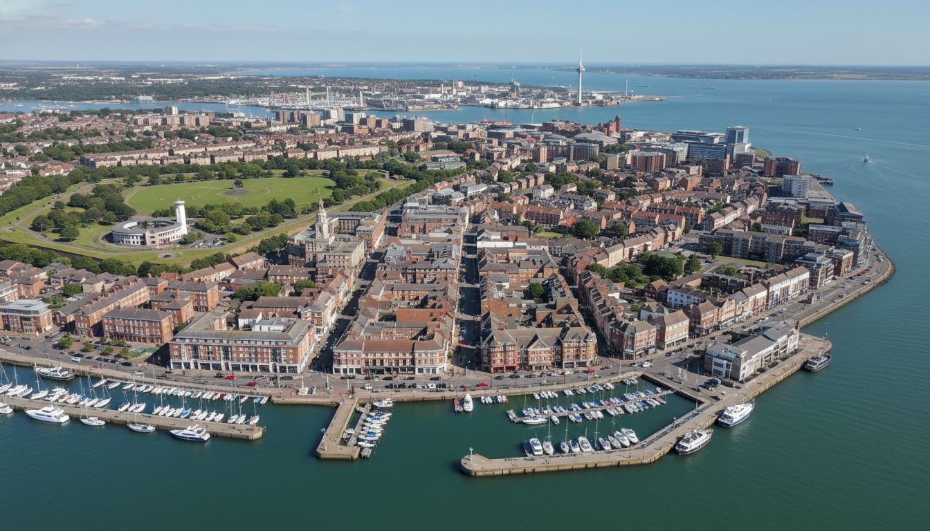 Gosport, UK - aerial view showing the town center and local architecture