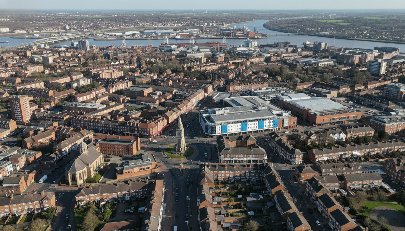 Grays, UK - aerial view showing the town center and local architecture