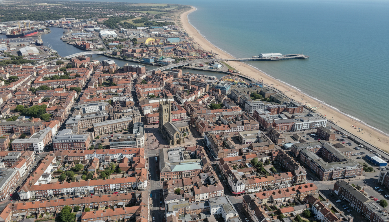 Great Yarmouth, UK - aerial view showing the town center and local architecture