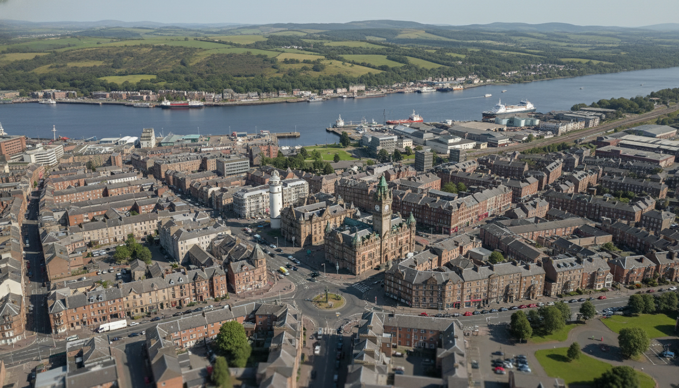 Greenock, UK - aerial view showing the town center and local architecture