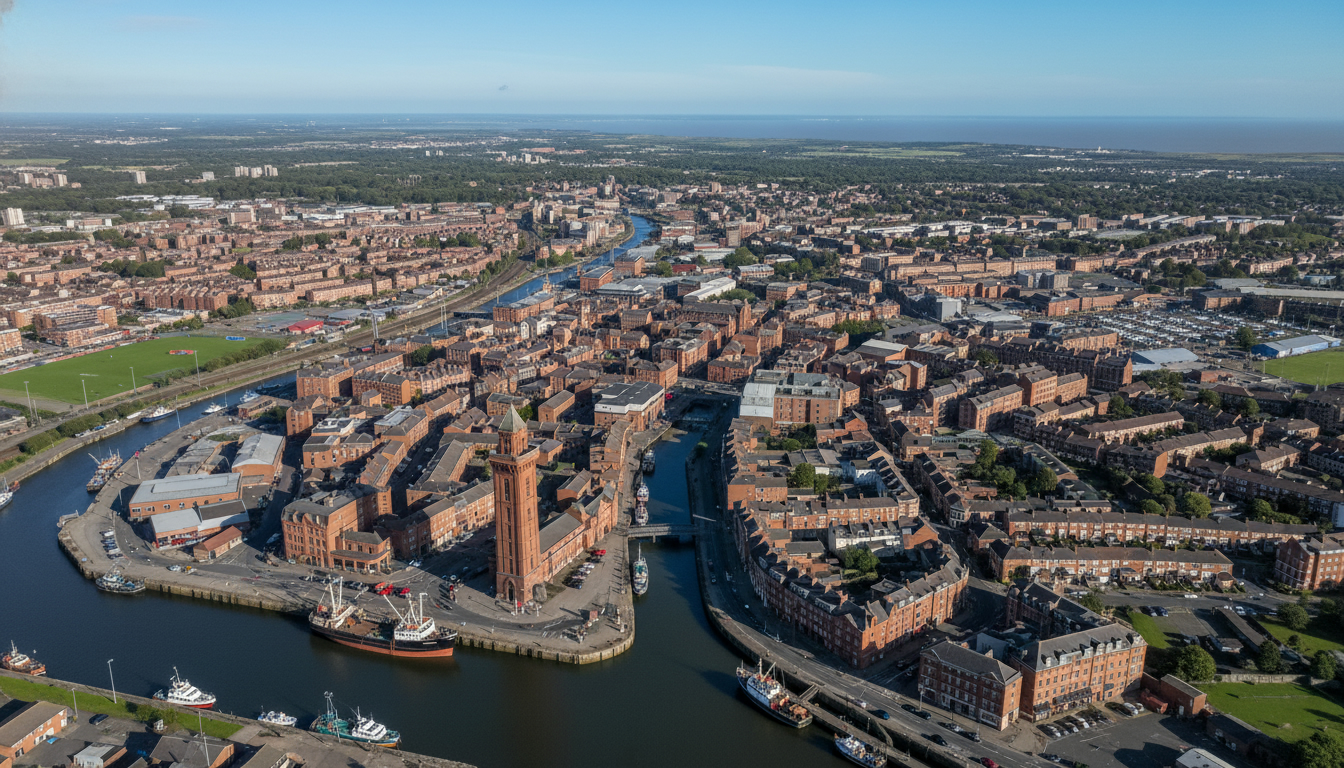Grimsby, UK - aerial view showing the town center and local architecture
