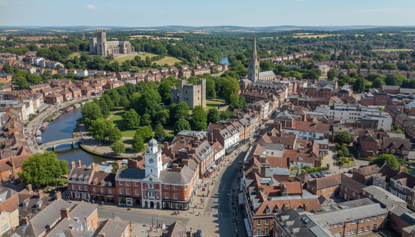 Guildford, UK - aerial view showing the town center and local architecture