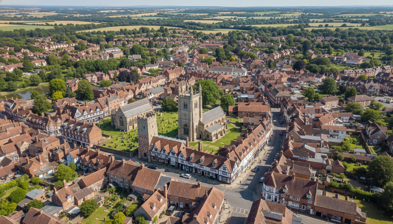 Hadleigh, UK - aerial view showing the town center and local architecture