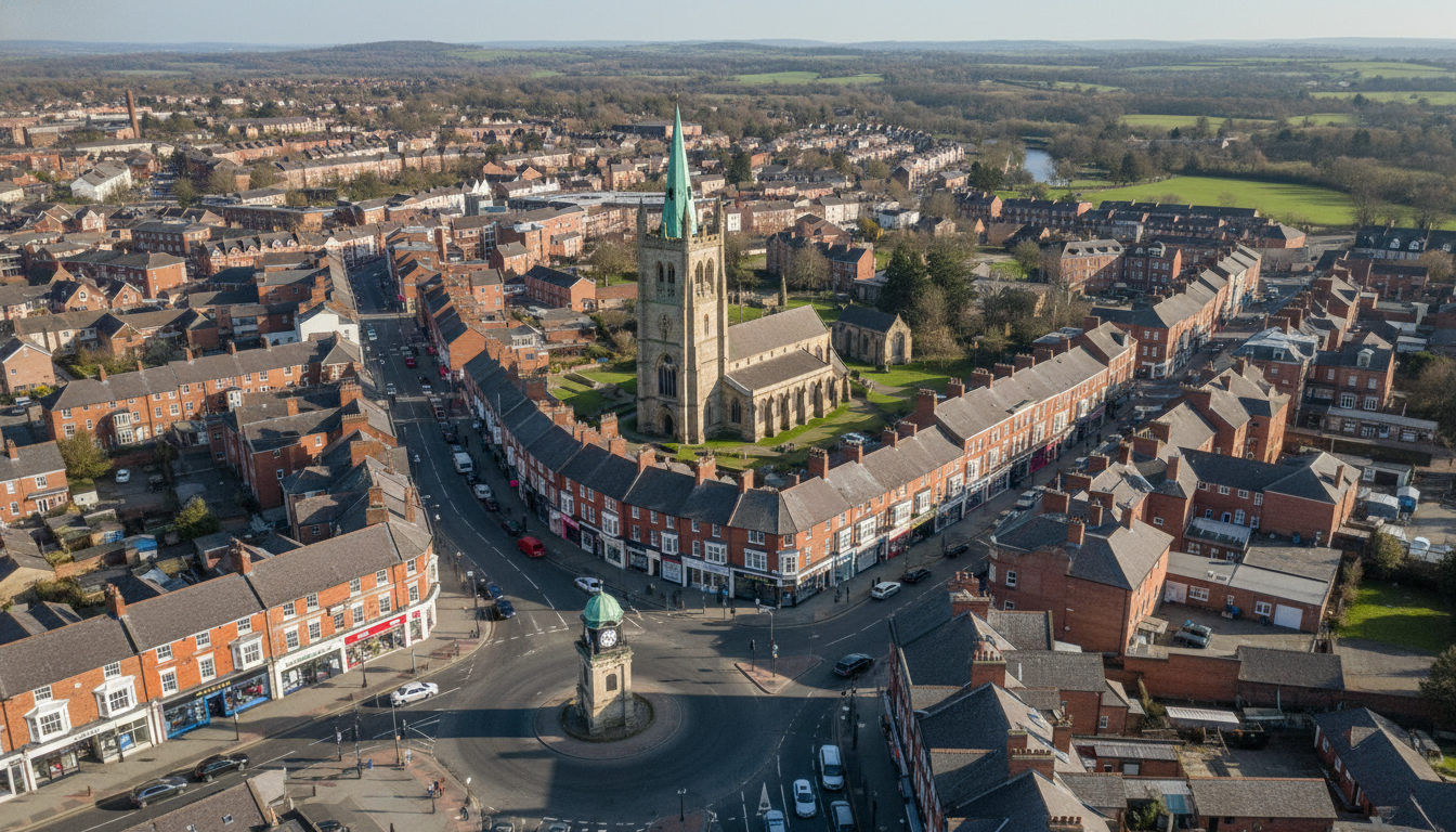 Halesowen, UK - aerial view showing the town center and local architecture