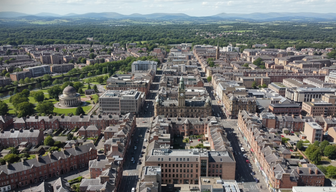 Hamilton, UK - aerial view showing the town center and local architecture
