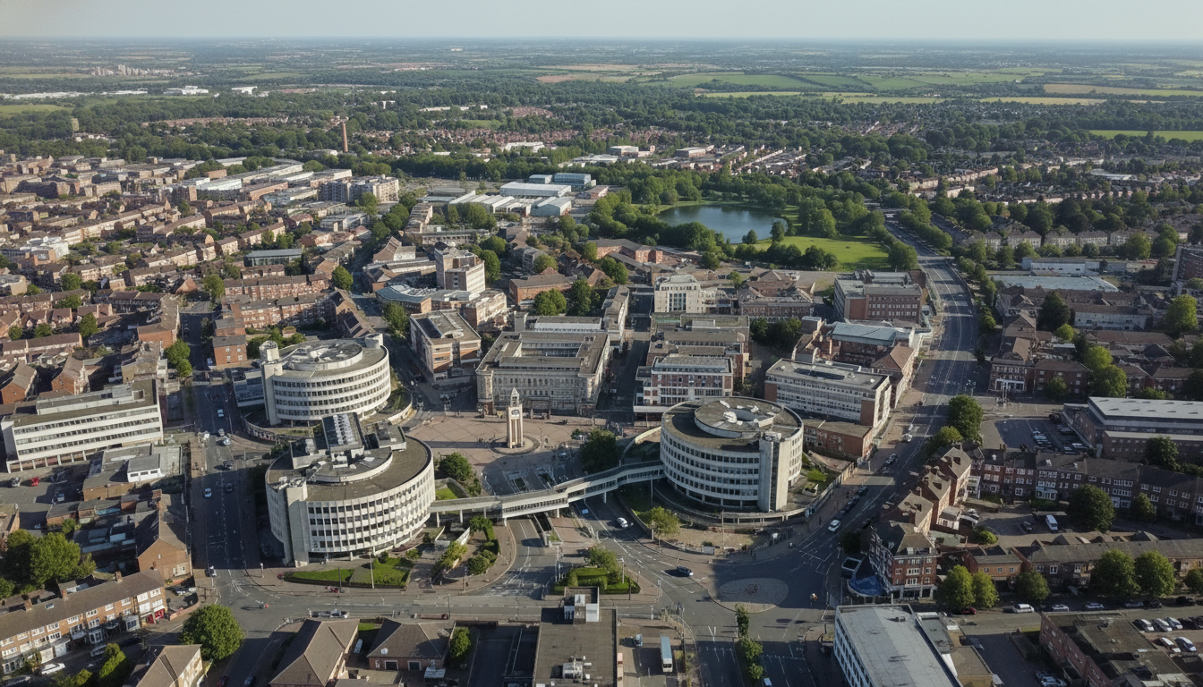 Harlow, UK - aerial view showing the town center and local architecture