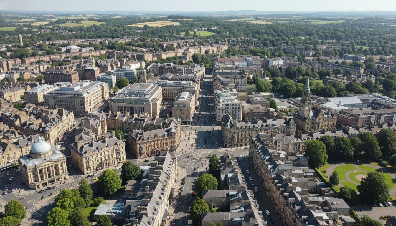 Harrogate, UK - aerial view showing the town center and local architecture