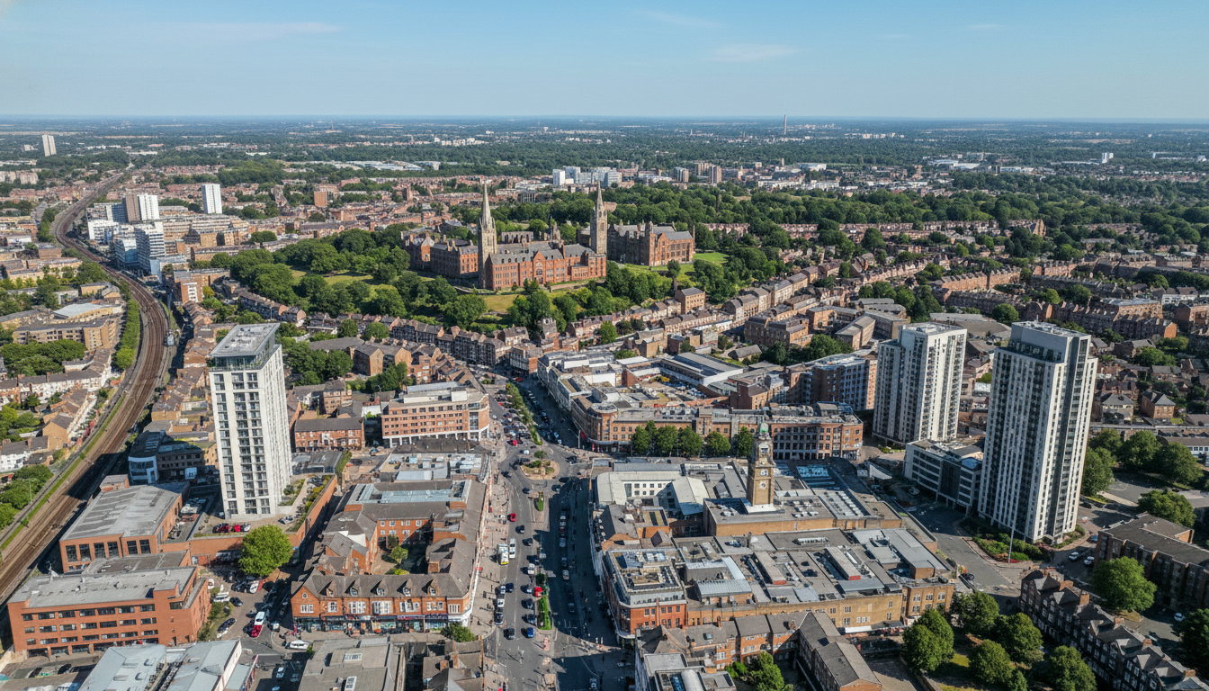 Harrow, UK - aerial view showing the town center and local architecture