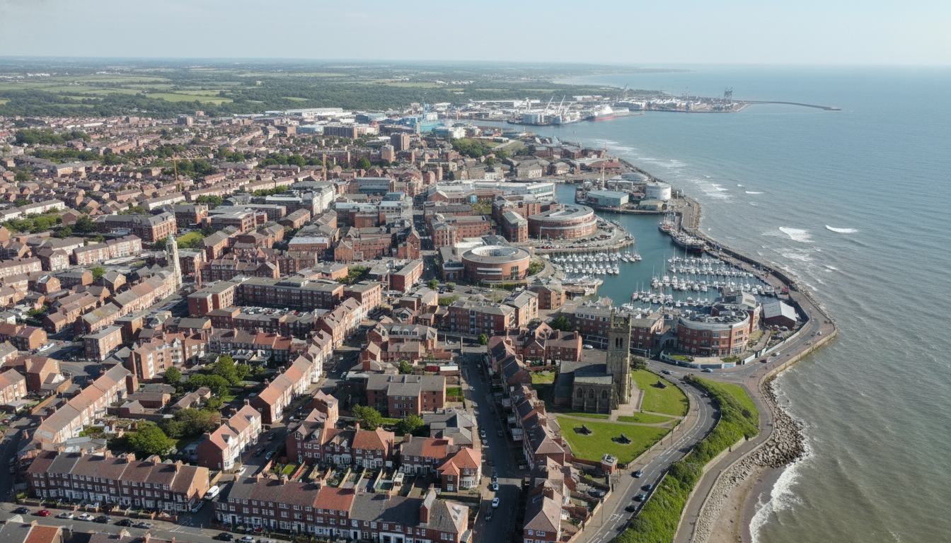 Hartlepool, UK - aerial view showing the town center and local architecture