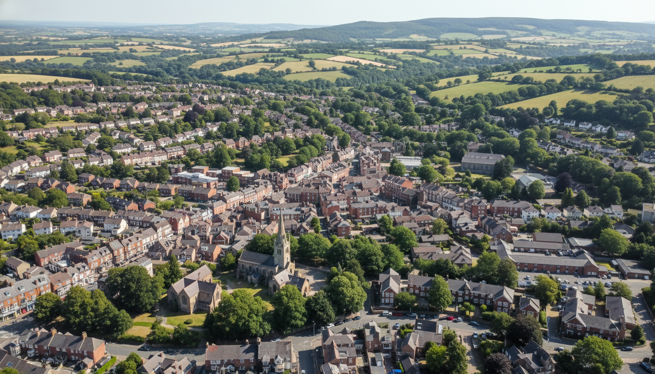 Haslemere, UK - aerial view showing the town center and local architecture