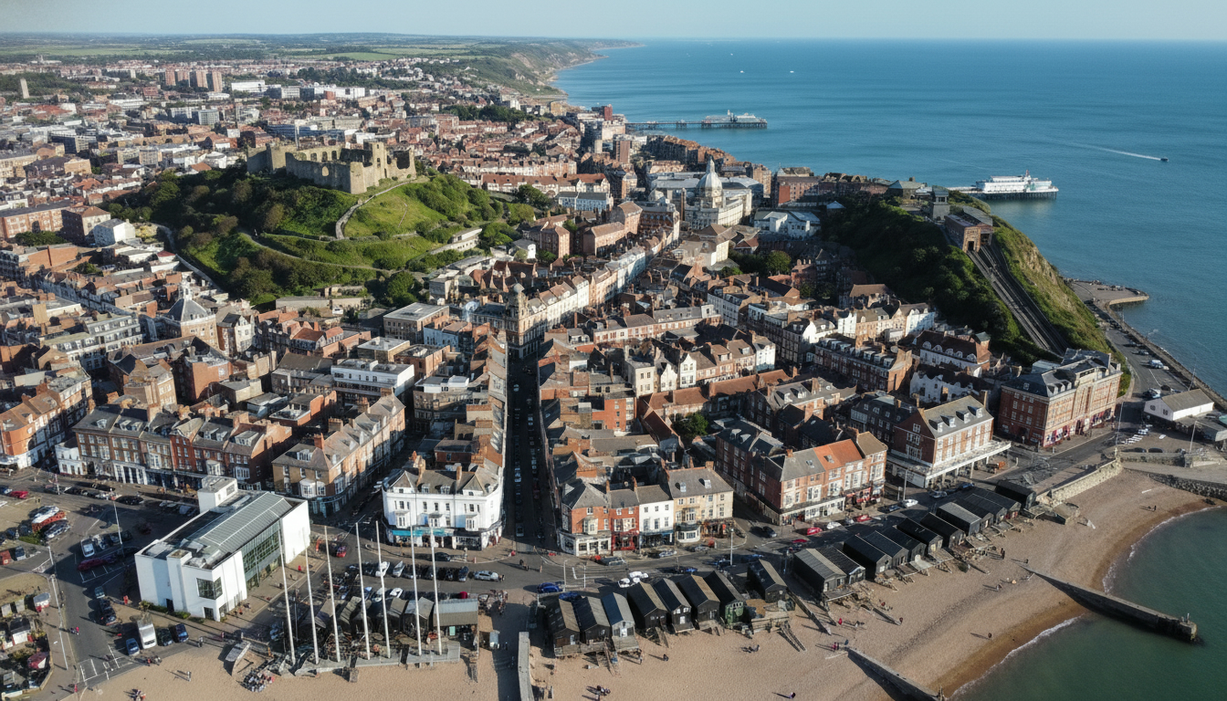 Hastings, UK - aerial view showing the town center and local architecture