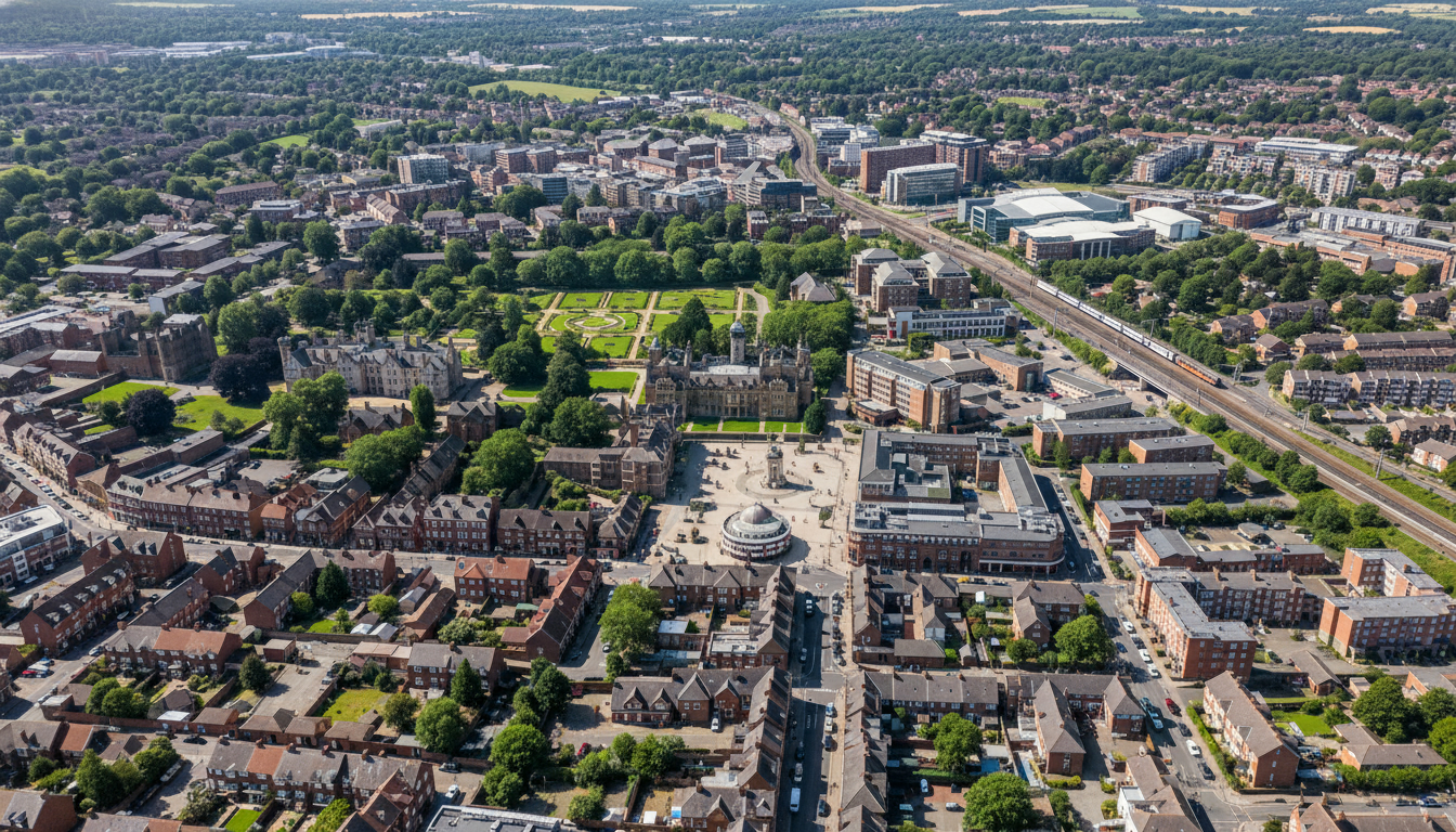 Hatfield, UK - aerial view showing the town center and local architecture