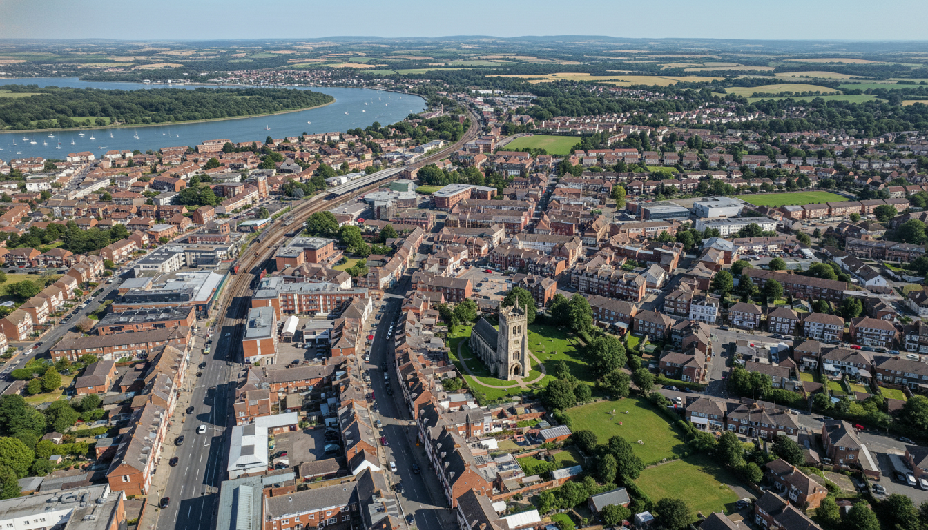 Havant, UK - aerial view showing the town center and local architecture