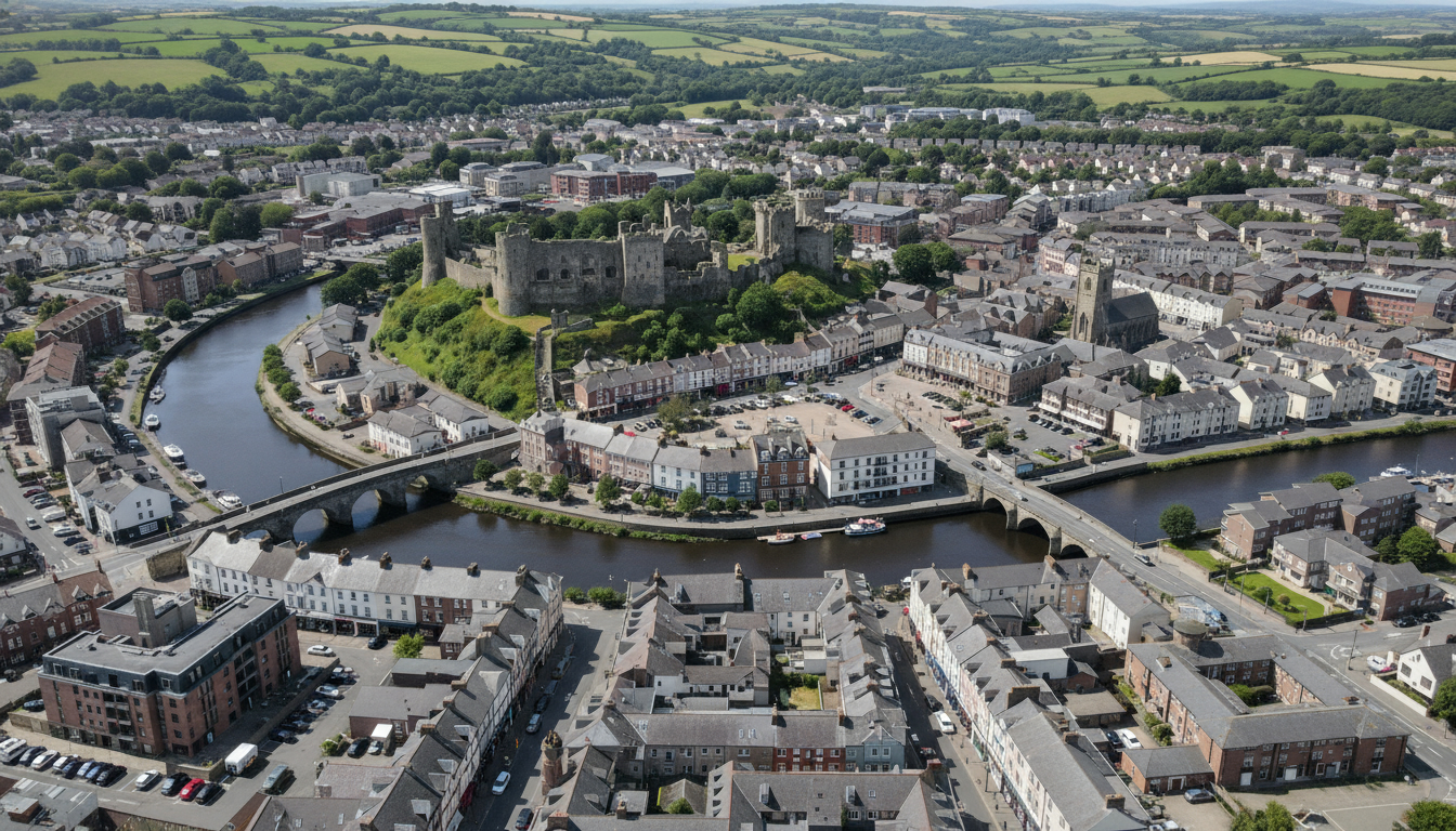Haverfordwest, UK - aerial view showing the town center and local architecture