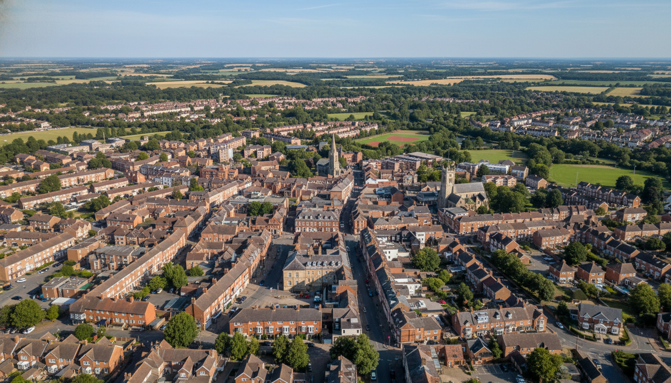 Haverhill, UK - aerial view showing the town center and local architecture
