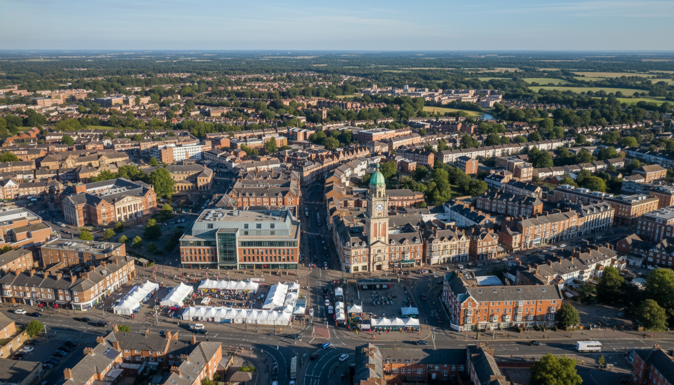 Havering, UK - aerial view showing the town center and local architecture