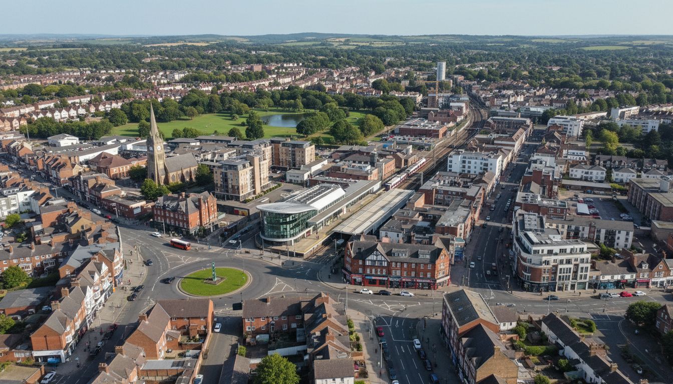 Haywards Heath, UK - aerial view showing the town center and local architecture