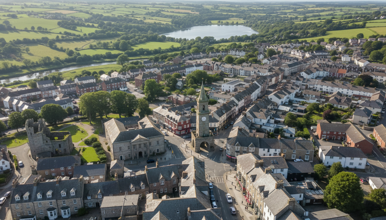 Helston, UK - aerial view showing the town center and local architecture