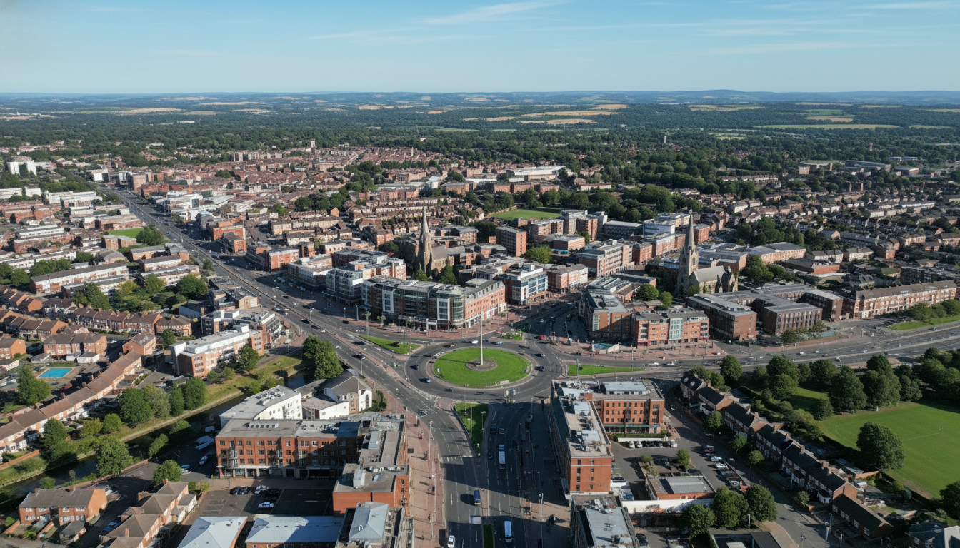 Hemel Hempstead, UK - aerial view showing the town center and local architecture