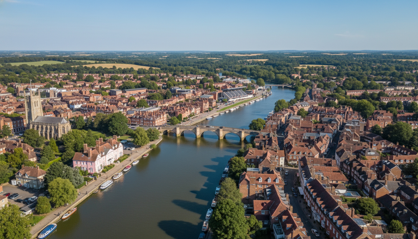 Henley-on-Thames, UK - aerial view showing the town center and local architecture
