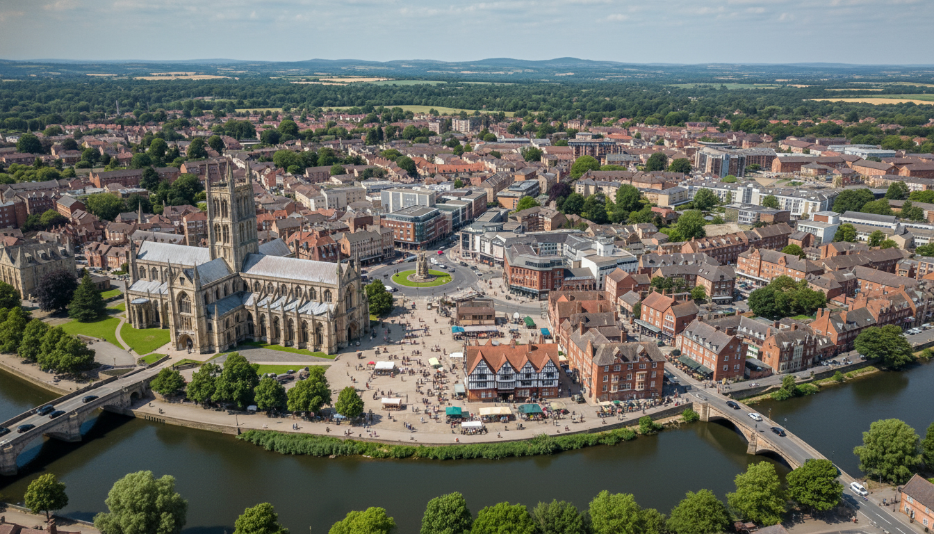 Hereford, UK - aerial view showing the town center and local architecture