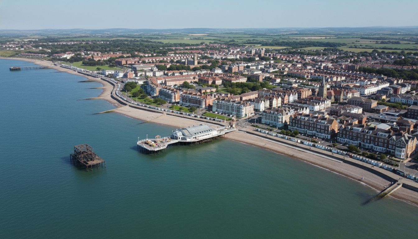 Herne Bay, UK - aerial view showing the town center and local architecture