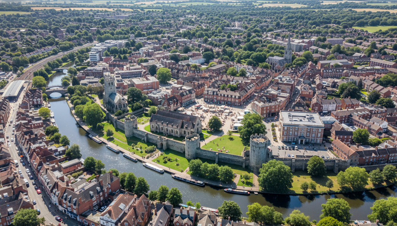 Hertford, UK - aerial view showing the town center and local architecture