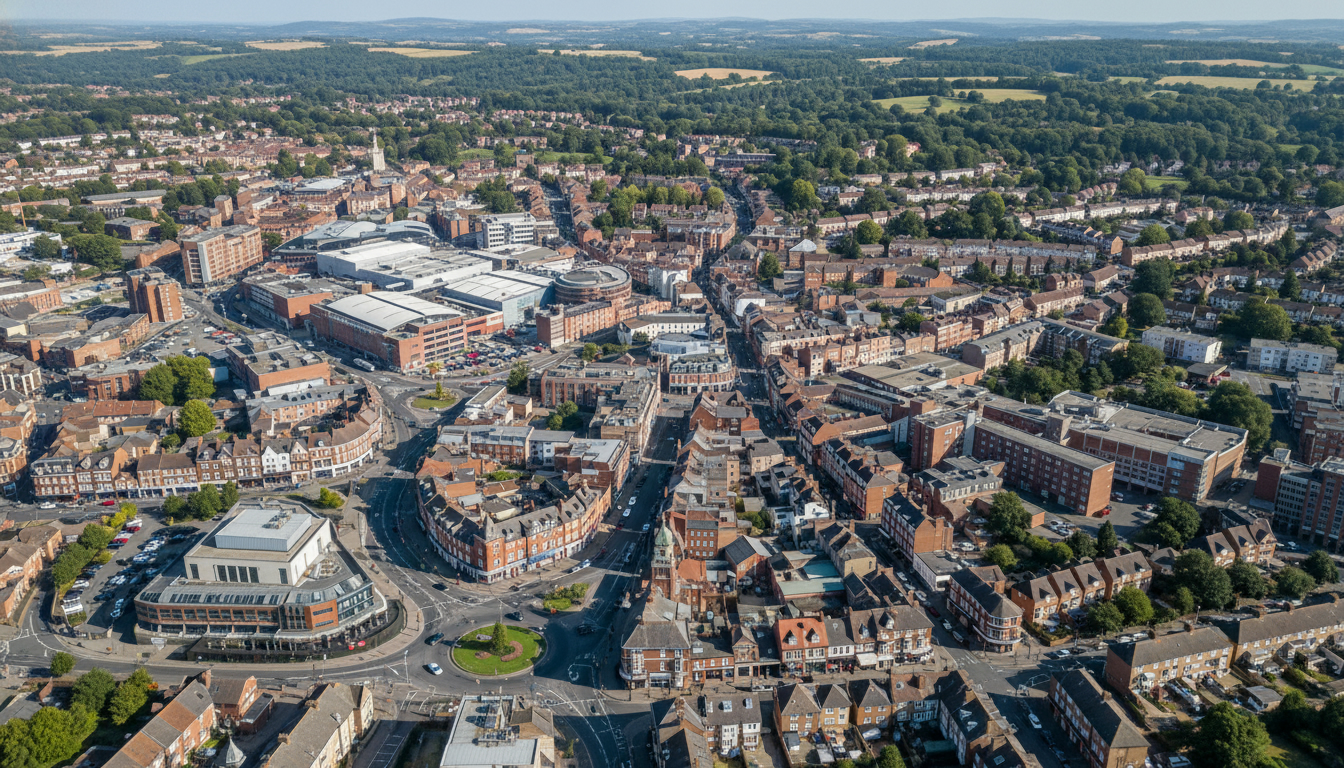 High Wycombe, UK - aerial view showing the town center and local architecture