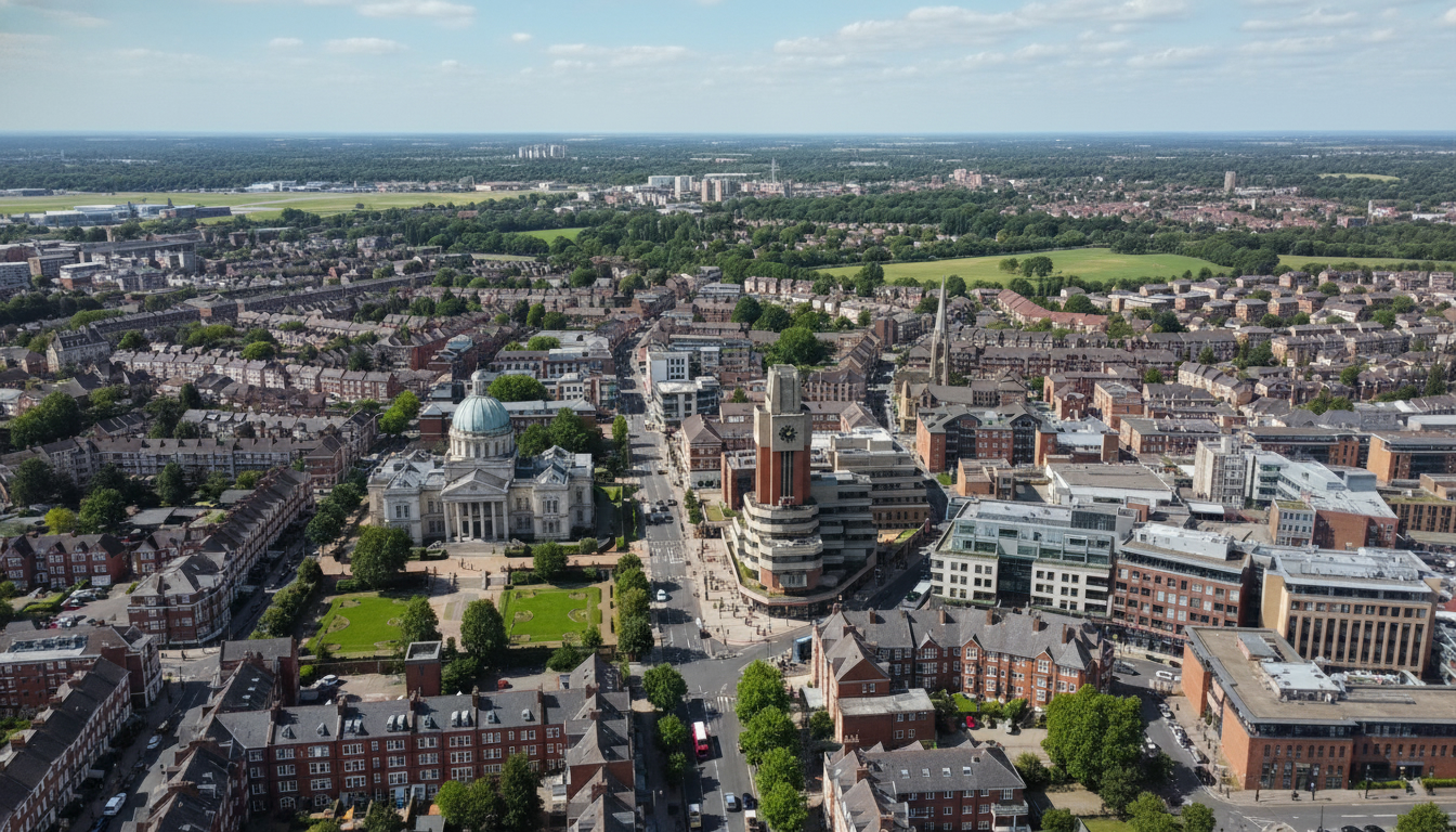 Hillingdon, UK - aerial view showing the town center and local architecture