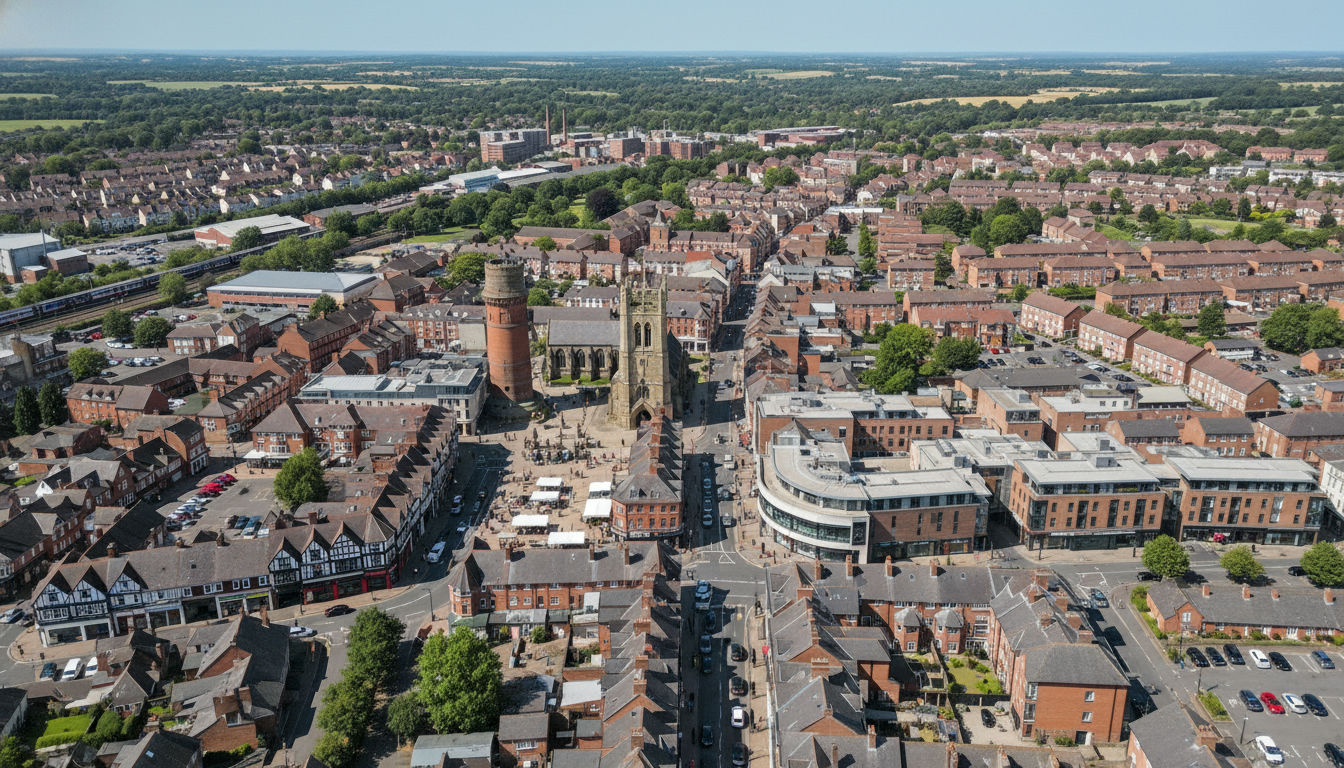 Hinckley, UK - aerial view showing the town center and local architecture