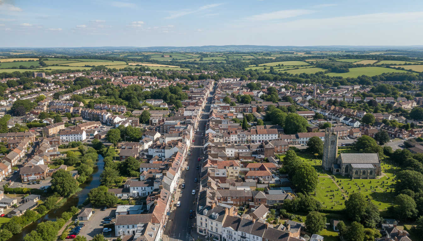 Honiton, UK - aerial view showing the town center and local architecture