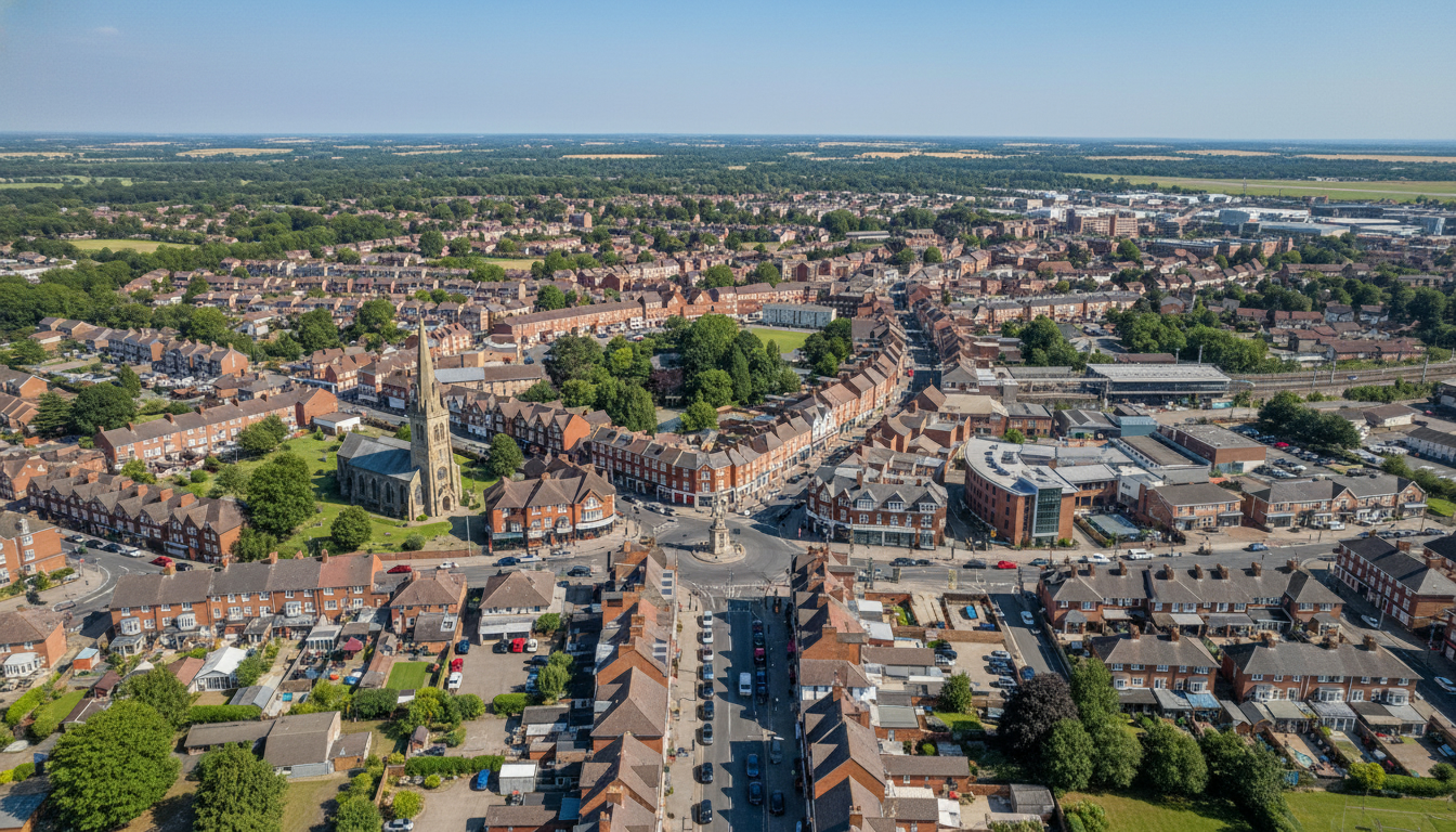 Horley, UK - aerial view showing the town center and local architecture