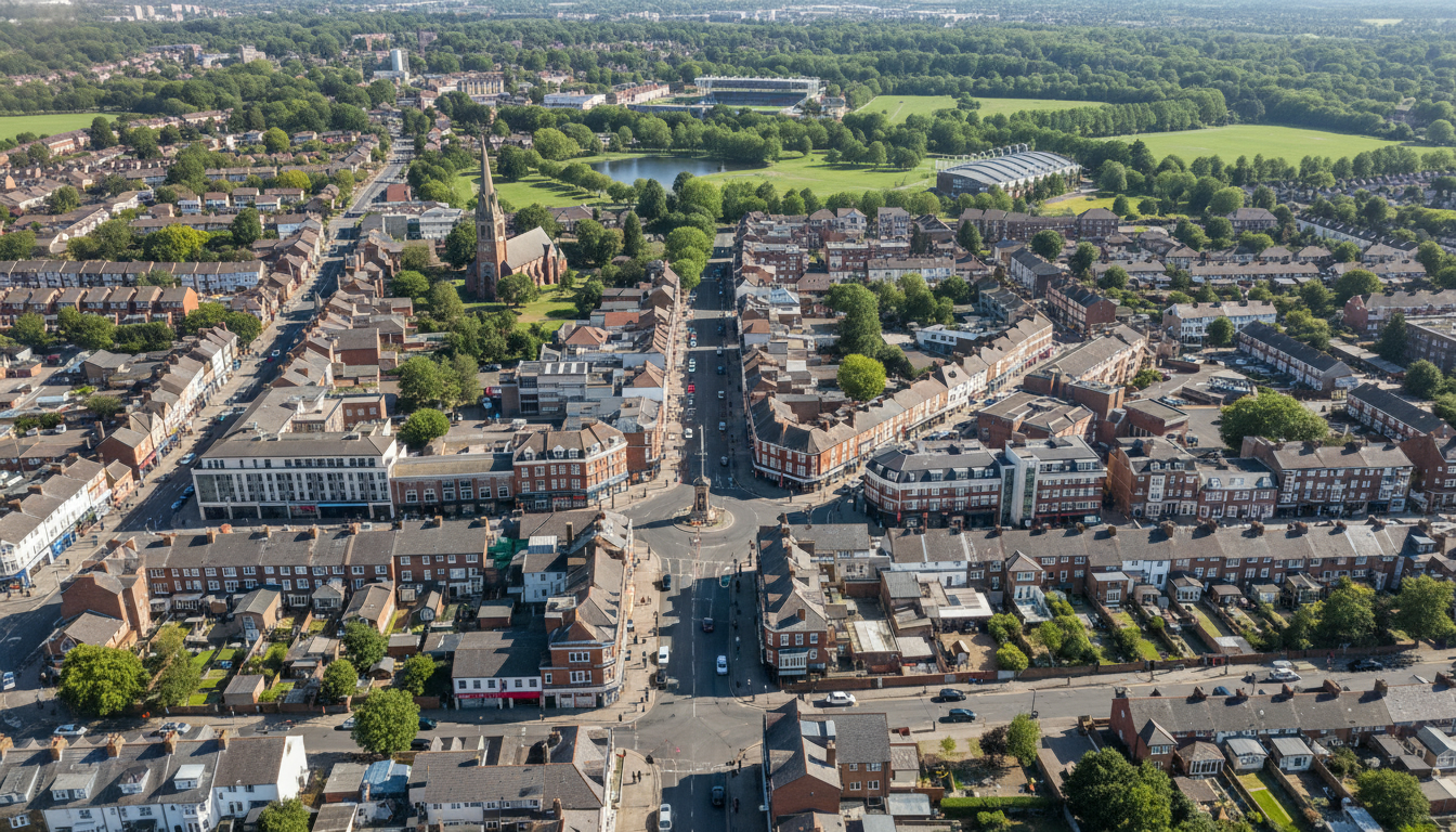 Hornchurch, UK - aerial view showing the town center and local architecture