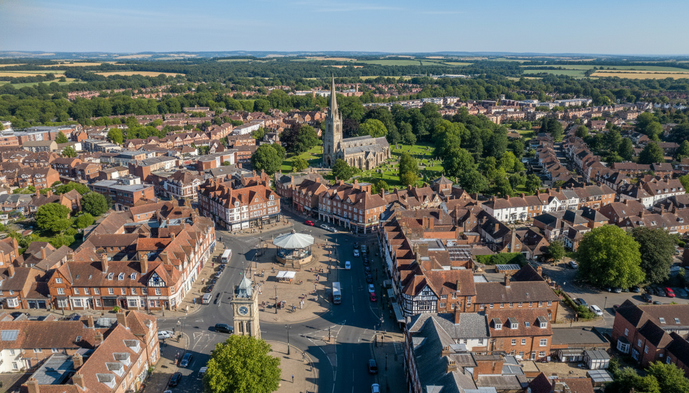 Horsham, UK - aerial view showing the town center and local architecture